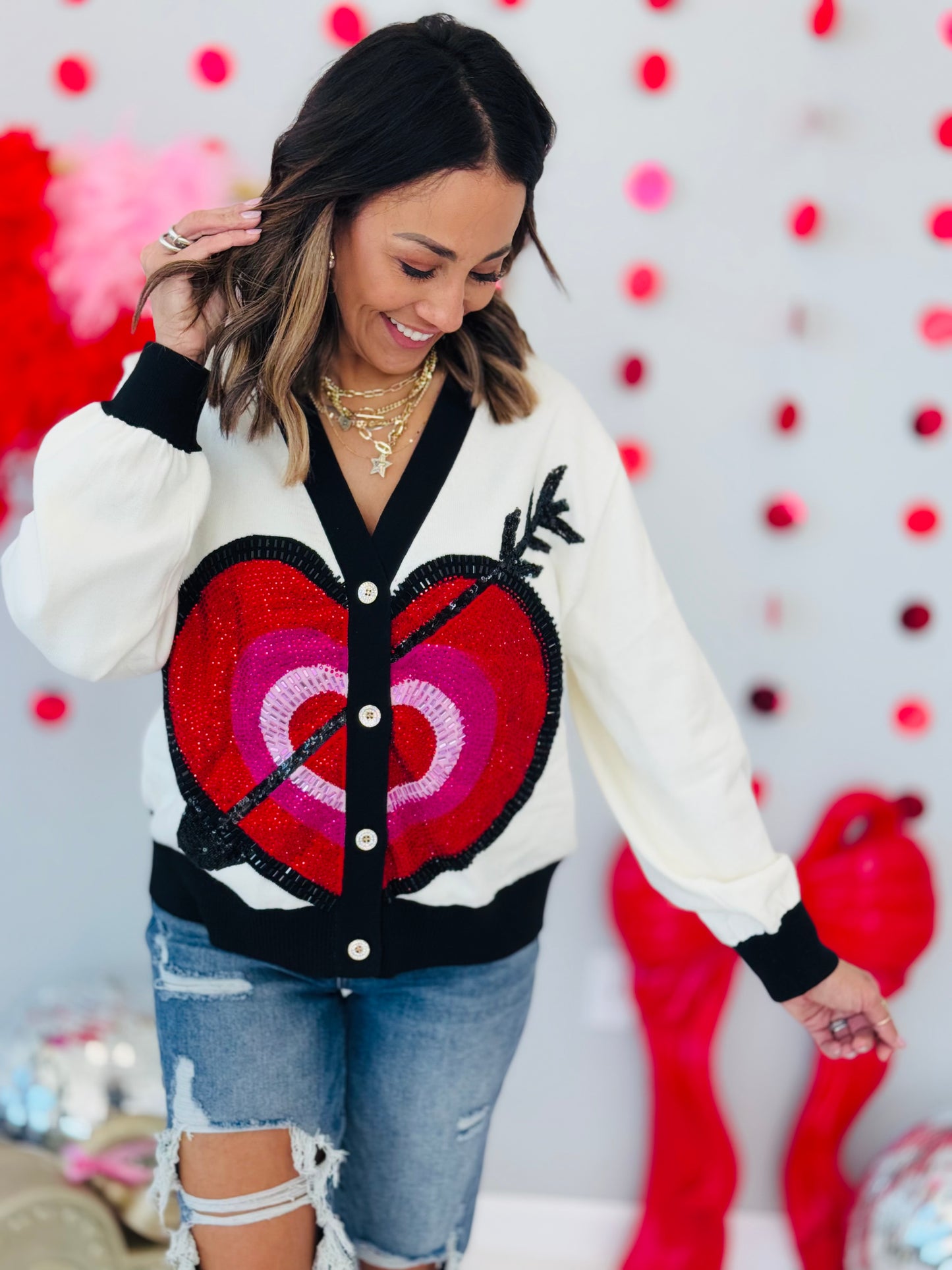 Queen Of Sparkles Black Trim Heart With Arrow Cardigan (Reg. & Plus)