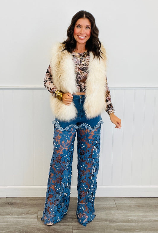 Denim Lace Rhinestone Pearl Embellished Pants (Reg.)