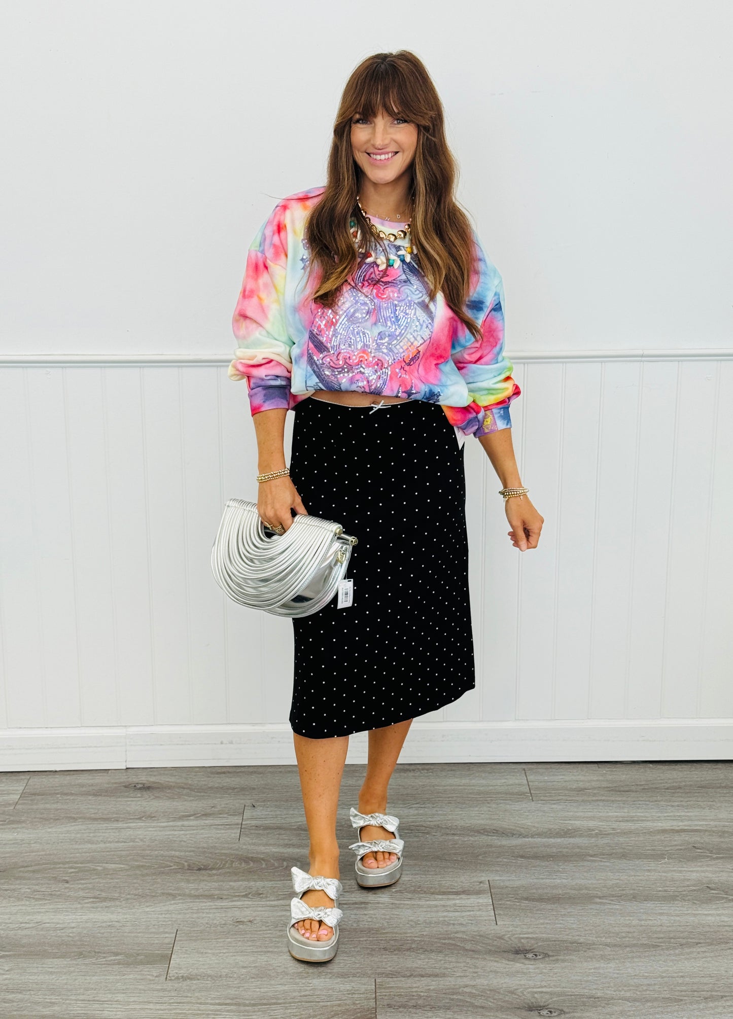 Black Polka Dot Slip On Midi Skirt (Reg.)