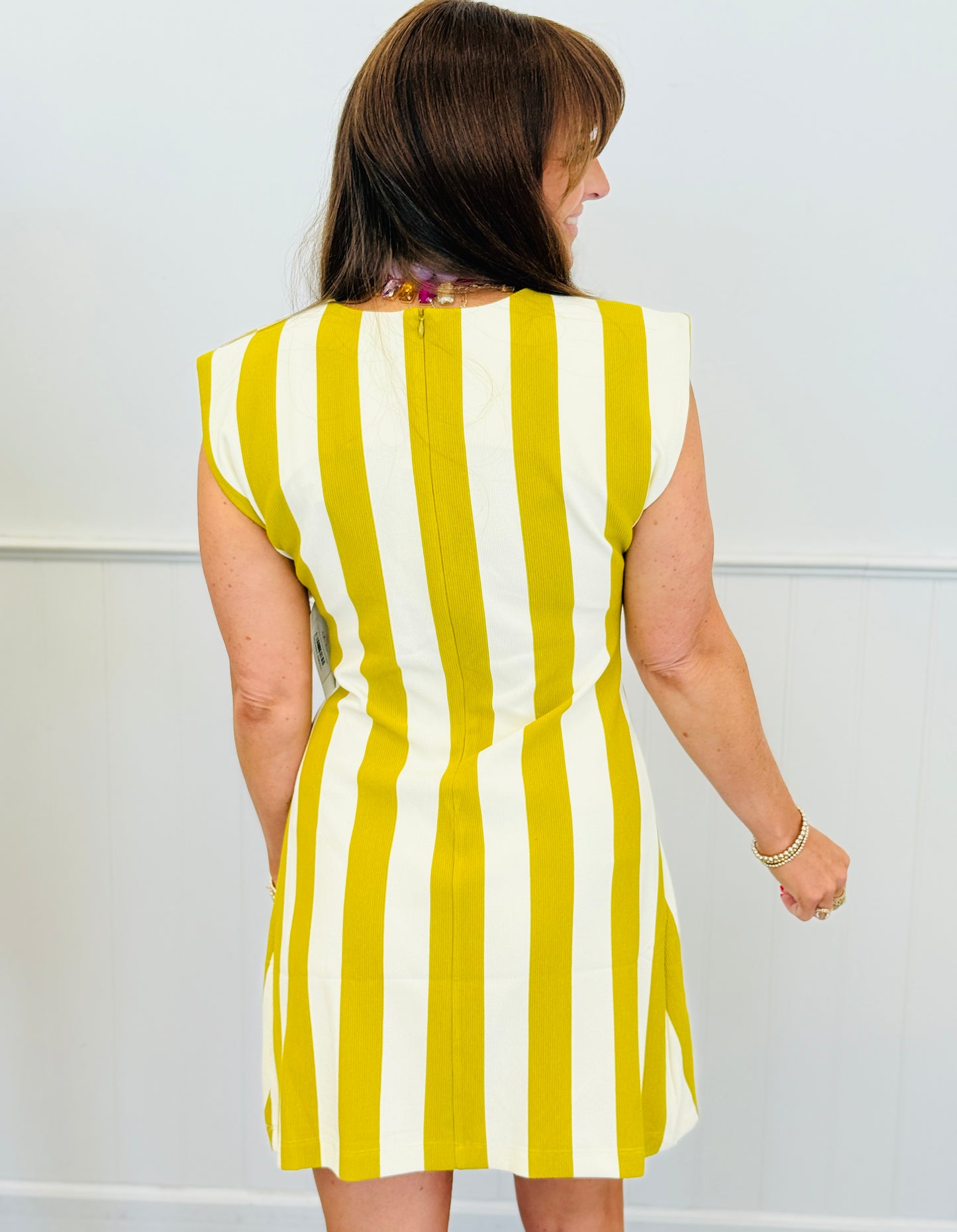 Lime Striped Waist Pleat Mini Dress (Reg.)