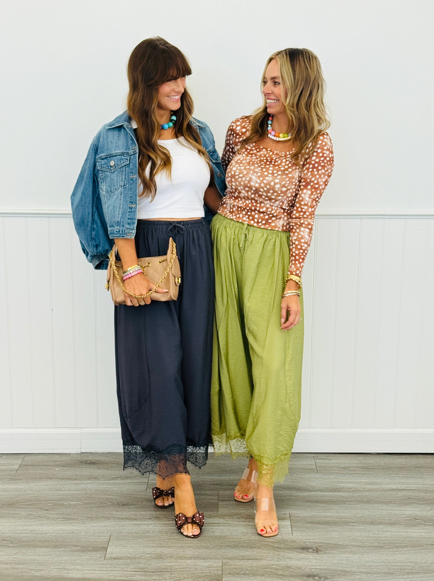 Crinkled Lace Trim Pants (Reg & Plus)- 2 Colors