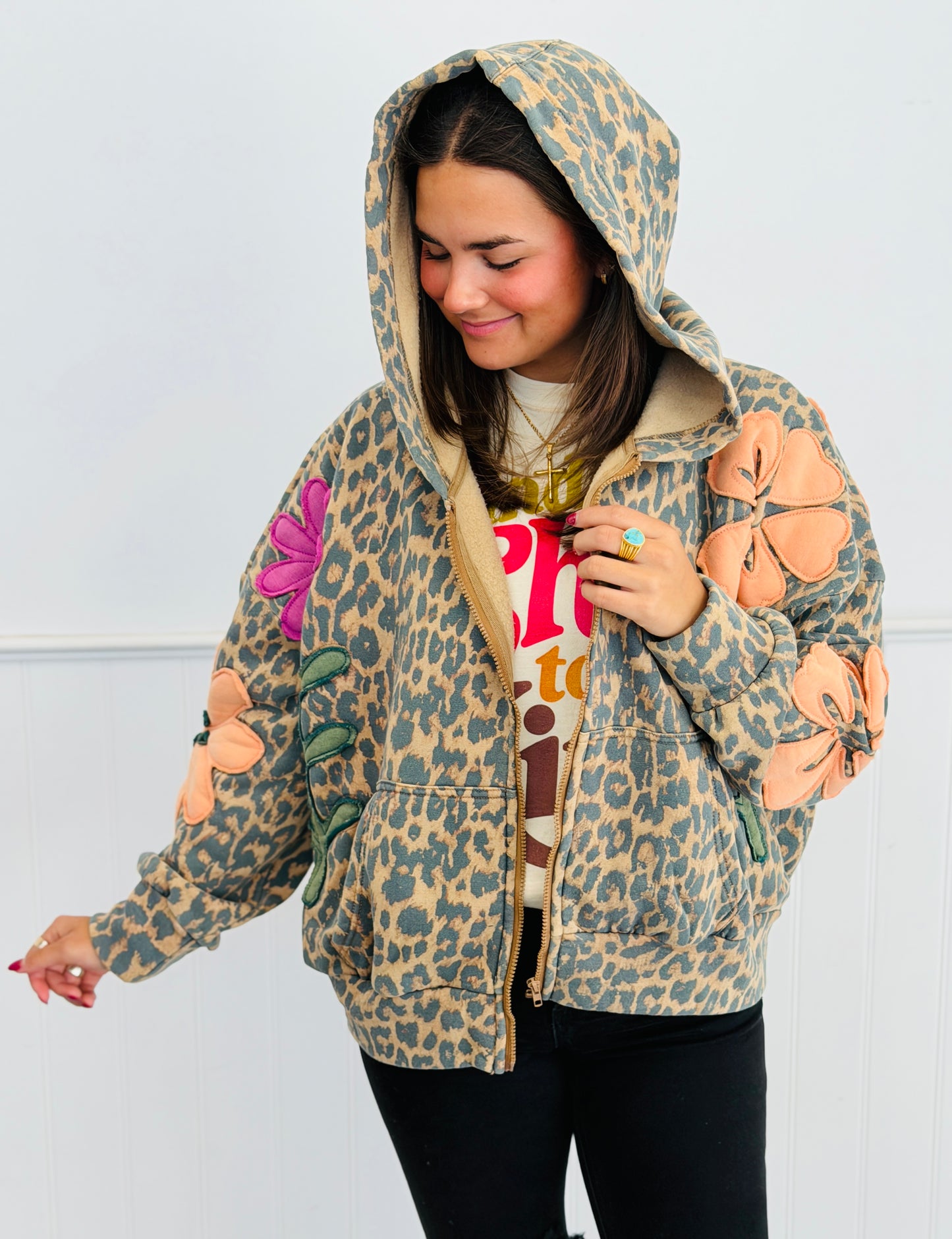 Leopard Bloom Patch Hoodie Cardigan (Reg.)
