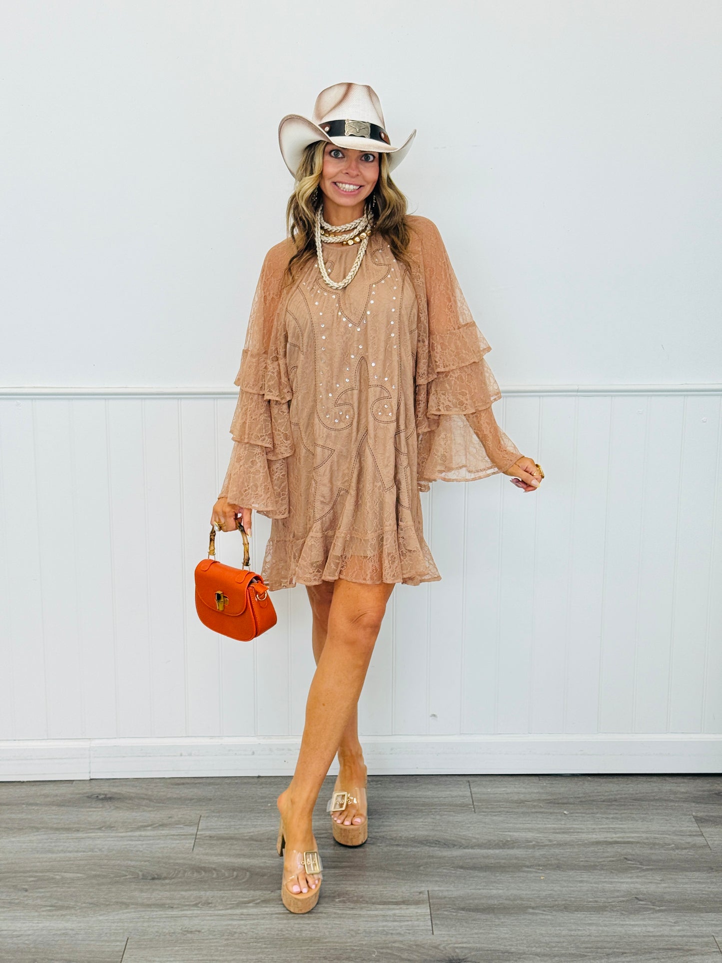 Camel Ruffled Embrace  Layered Mini Dress (Reg.)