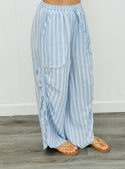 Peri Blue Striped Side Ruched Pants (Reg.)