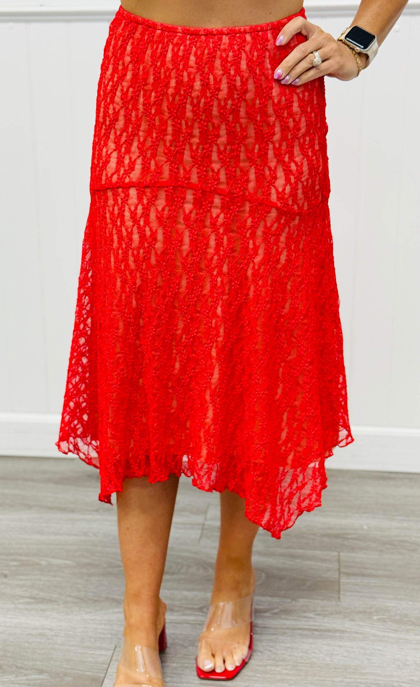 Cherry Lace Asymmetrical Midi Skirt (Reg.)