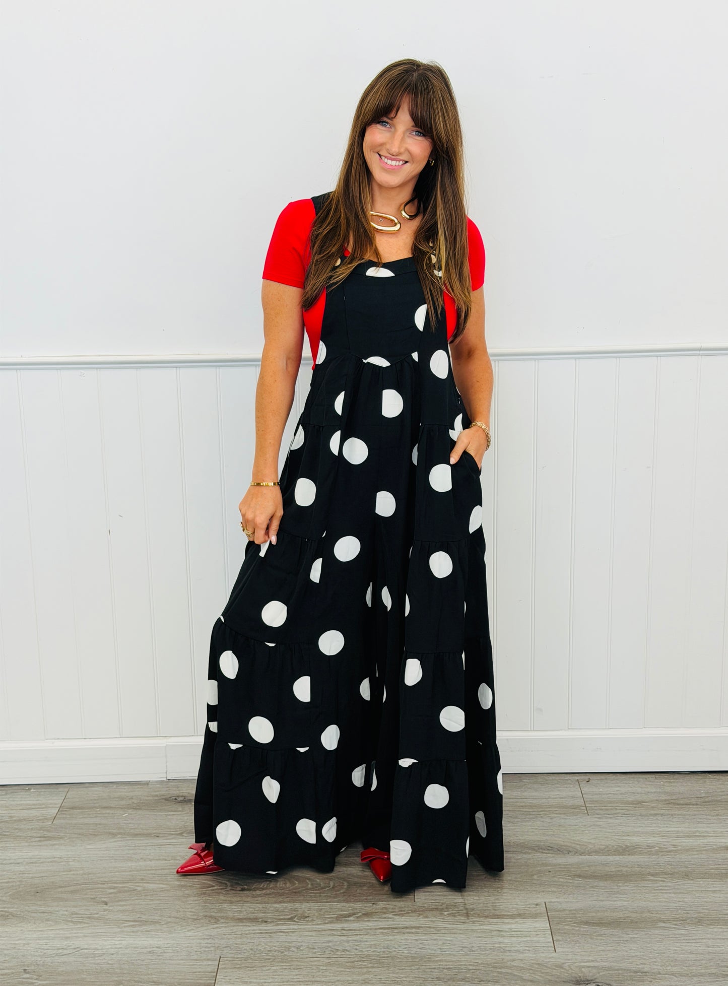 Black O White Polka Dot Tiered Jumpsuit (Reg & Plus)
