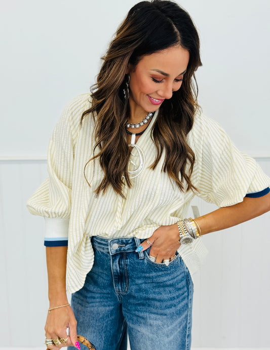 Lt. Taupe Striped Half Zip Top (Reg. and Plus)