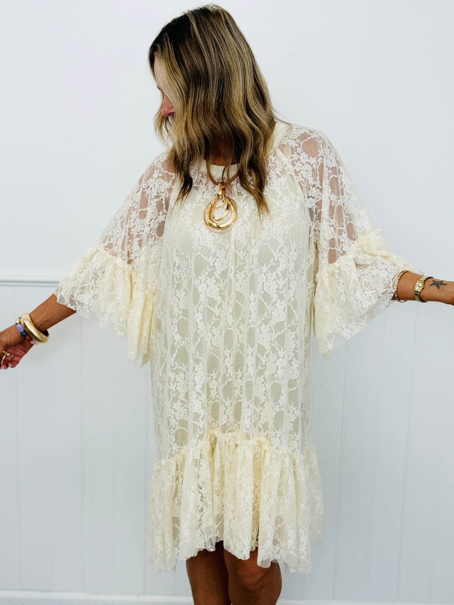 Cream Sheered Lace Tiered Tunic Top (Reg & Plus)
