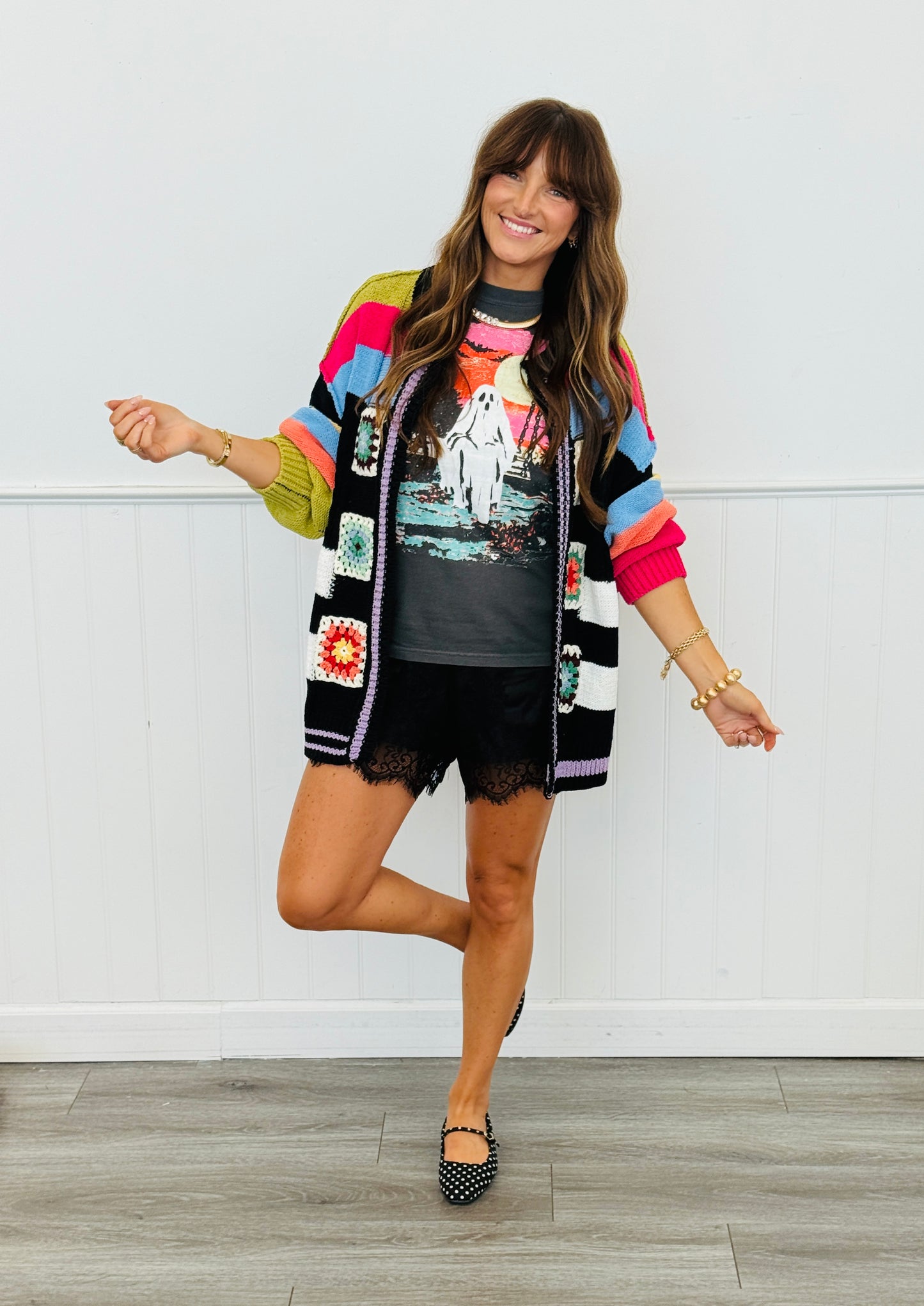 POL Jet Black Multi Stripe Granny Squares Sweater Cardigan (Reg.)