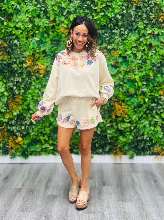 Queen Of Sparkles Beige Shell Trim Shorts (Reg. and Plus)