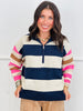 Oatmeal/Navy Striped Half Zip Top (Reg. and Plus)