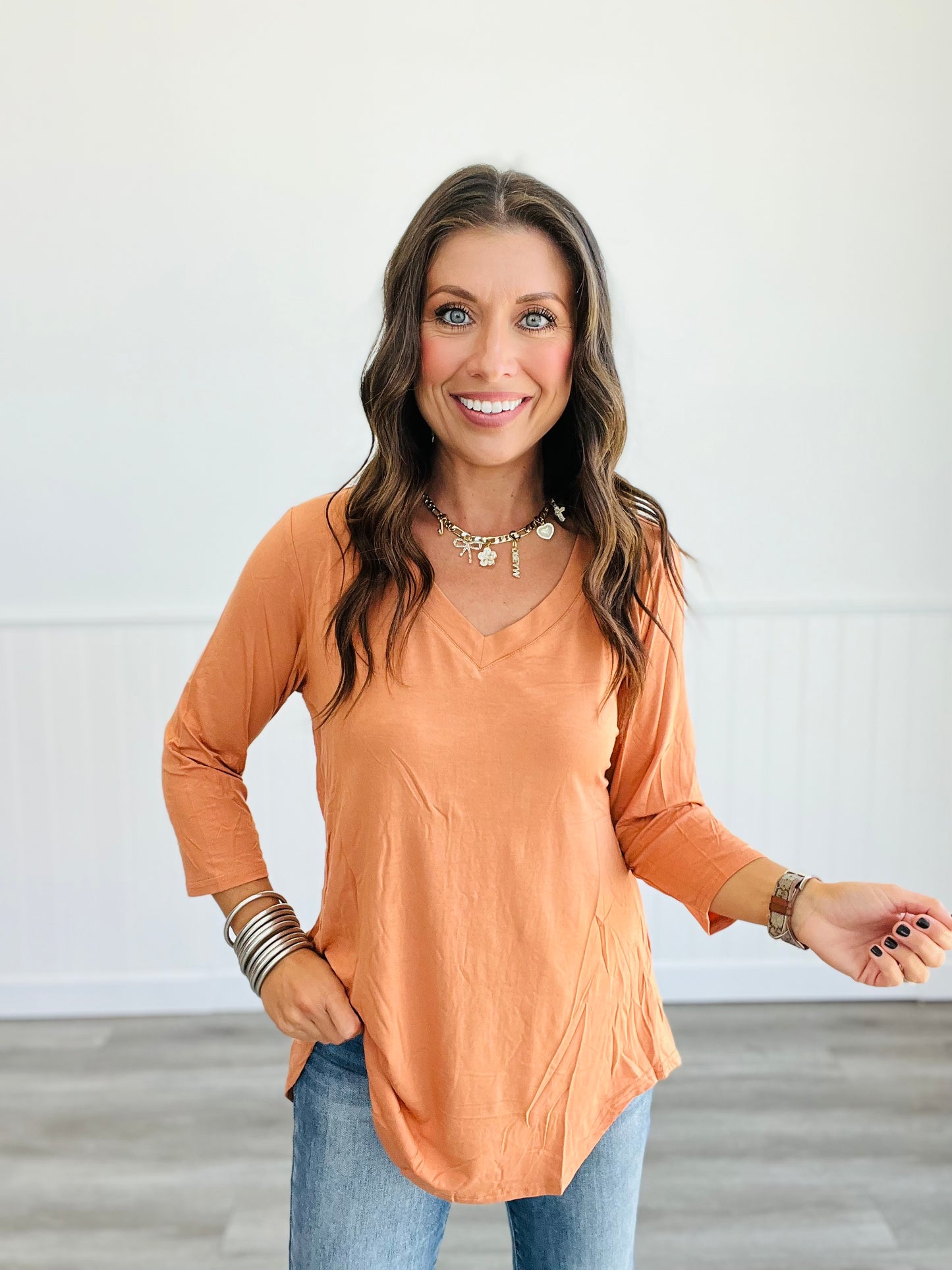 Solid V-Neck Mid Sleeve Top (Reg. & Plus)- 13 Colors