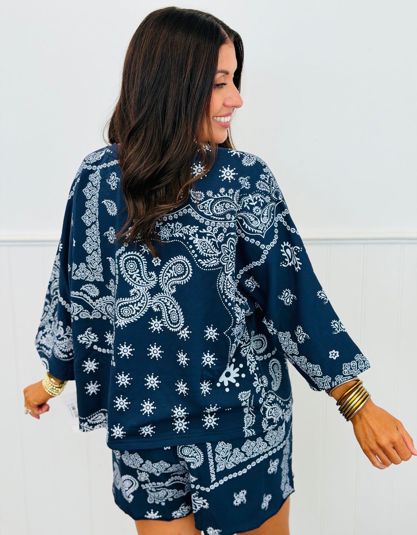 Navy Bandana Paisley Print Henley Top & Shorts Set (Reg.)