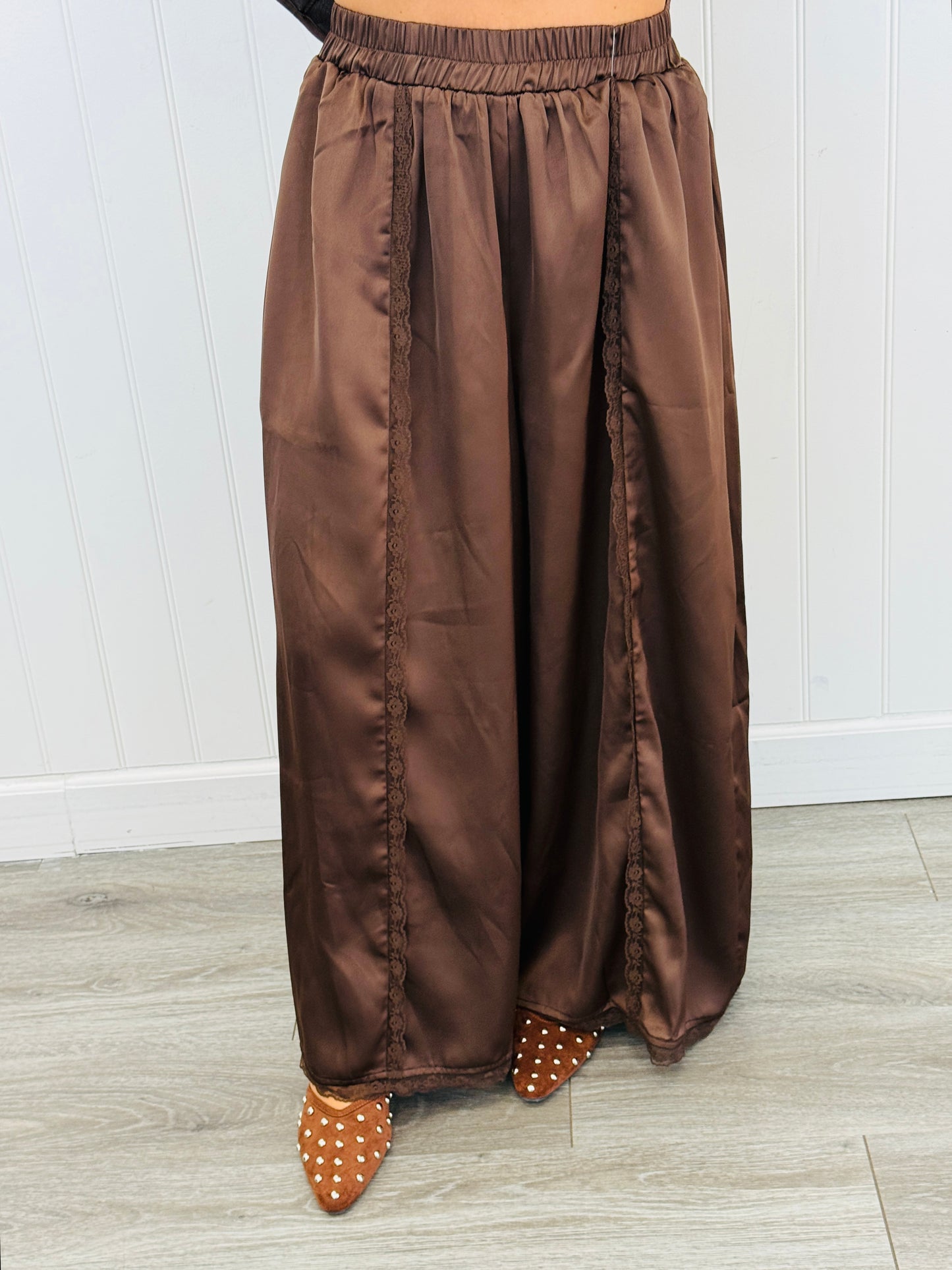 Dk Brown Lace Trim Satin Pants (Reg. and Plus)