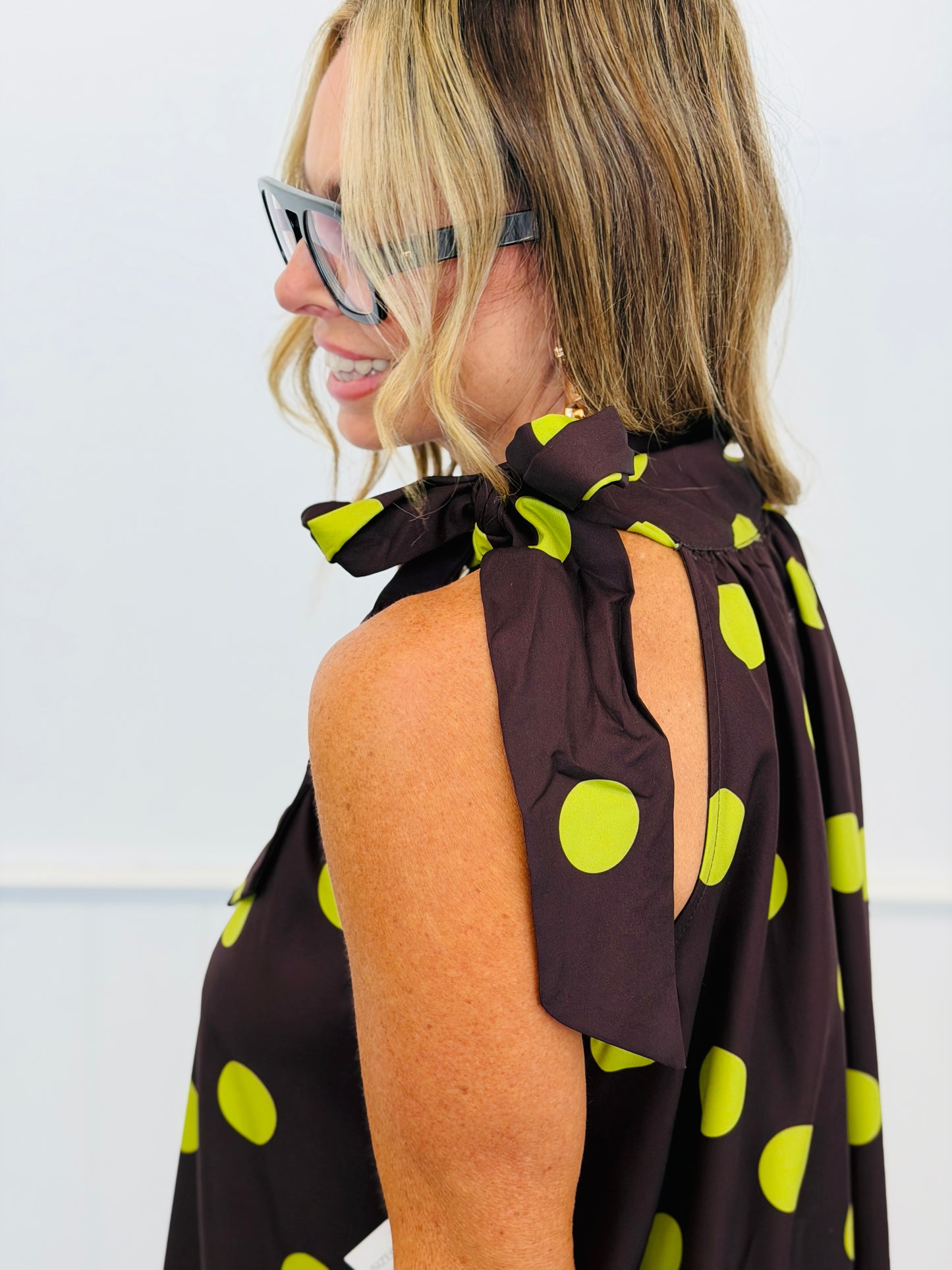 Brown Polka Dot Adjustable Tie Neck Sleeveless Mini Dress (Reg.)