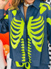 Queen Of Sparkles Dark Denim & Neon Green Skeleton Button Up Top (Reg. and Plus)