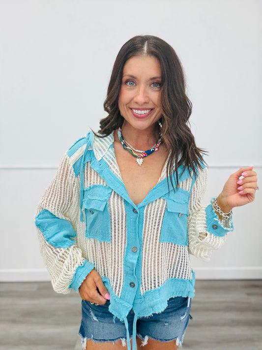 POL Aqua Blue Multi Open Knit Hooded Top (Reg.)