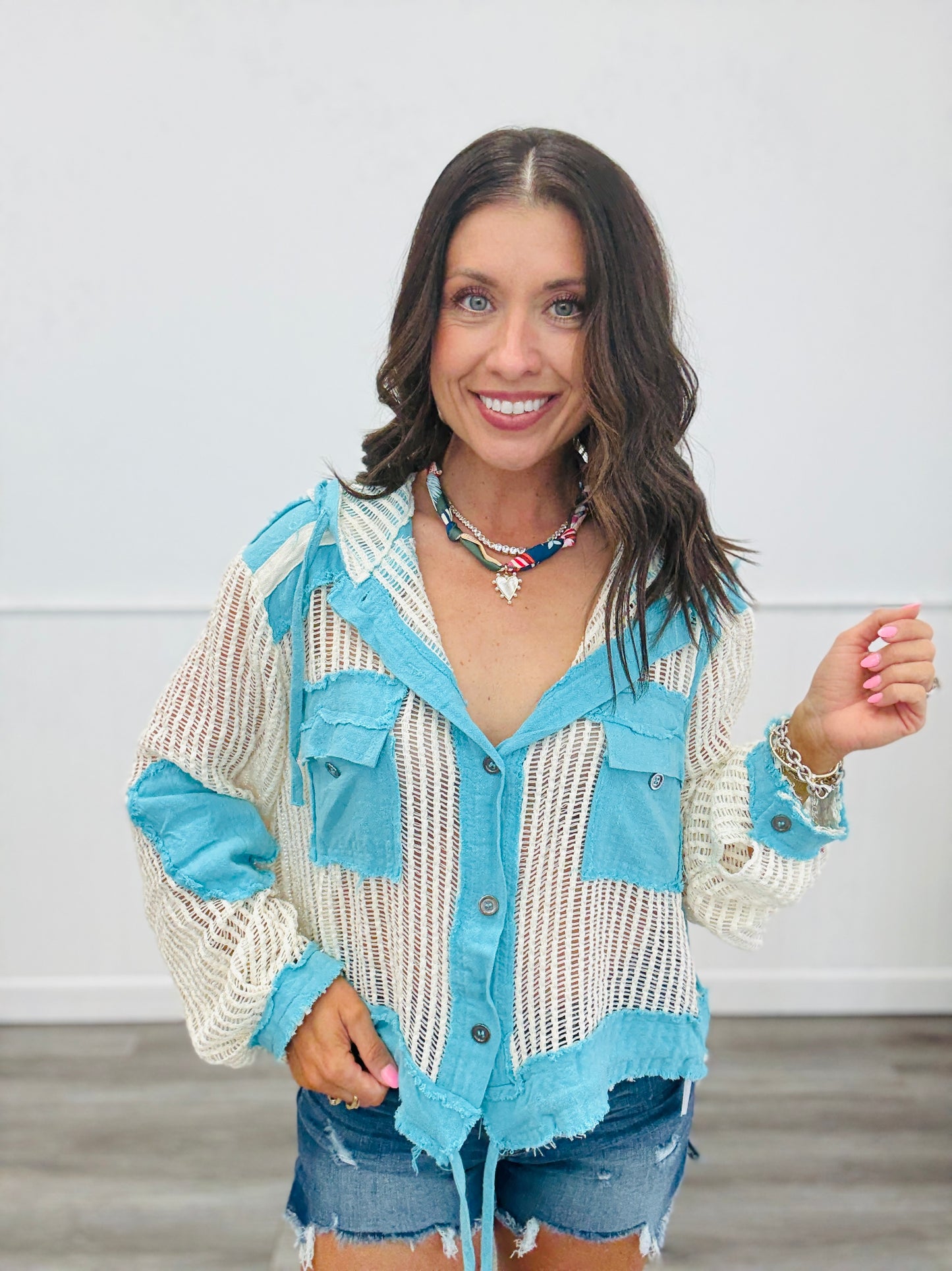 POL Aqua Blue Multi Open Knit Hooded Top (Reg.)