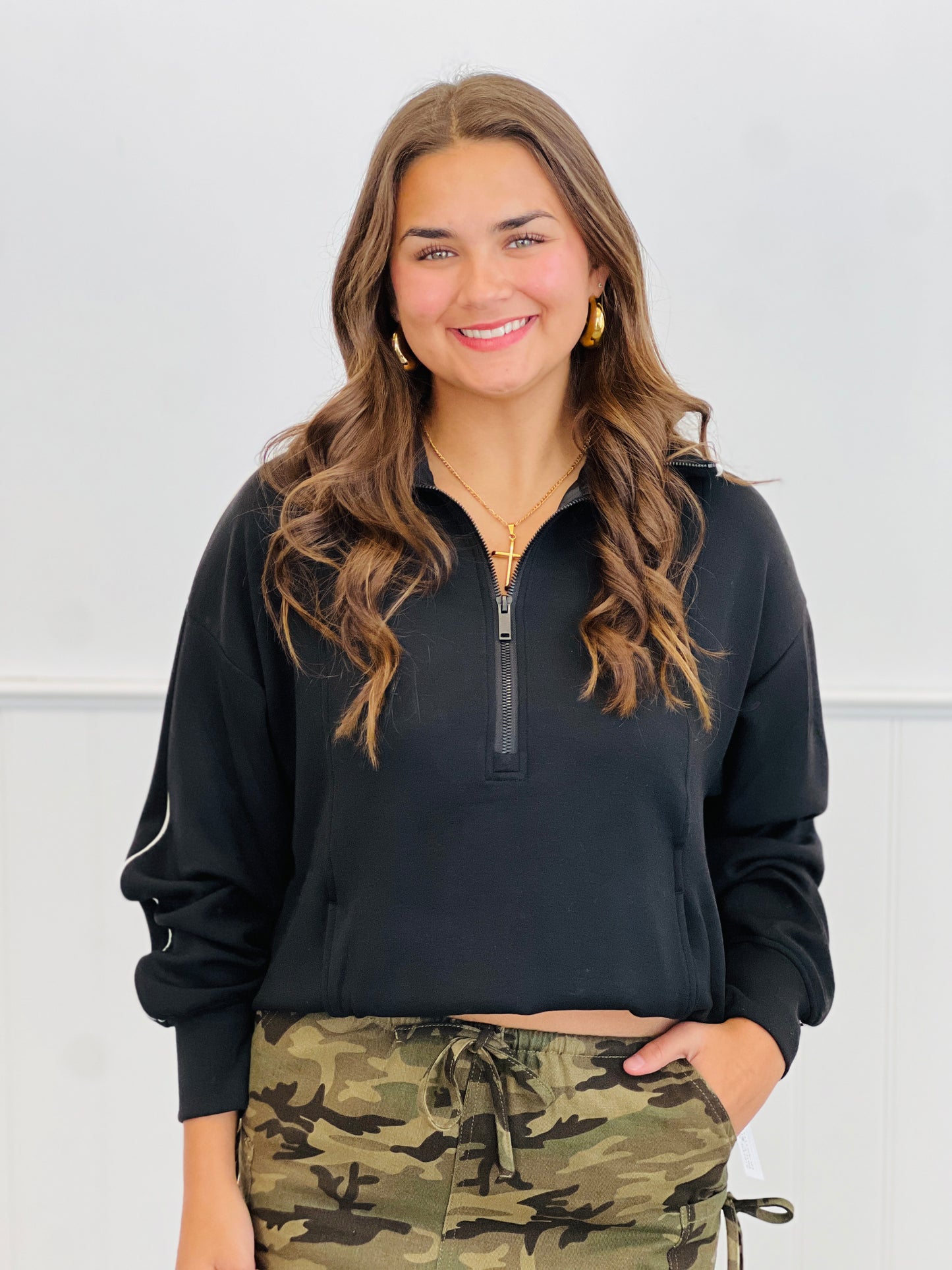 Modal Side Piping Half Zip Top (Reg. and Plus)-3 Colors