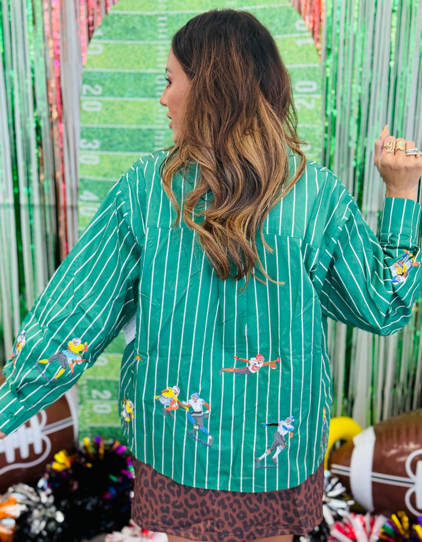 Queen Of Sparkles Green Striped Football Player Button Up Top (Reg. and Plus)