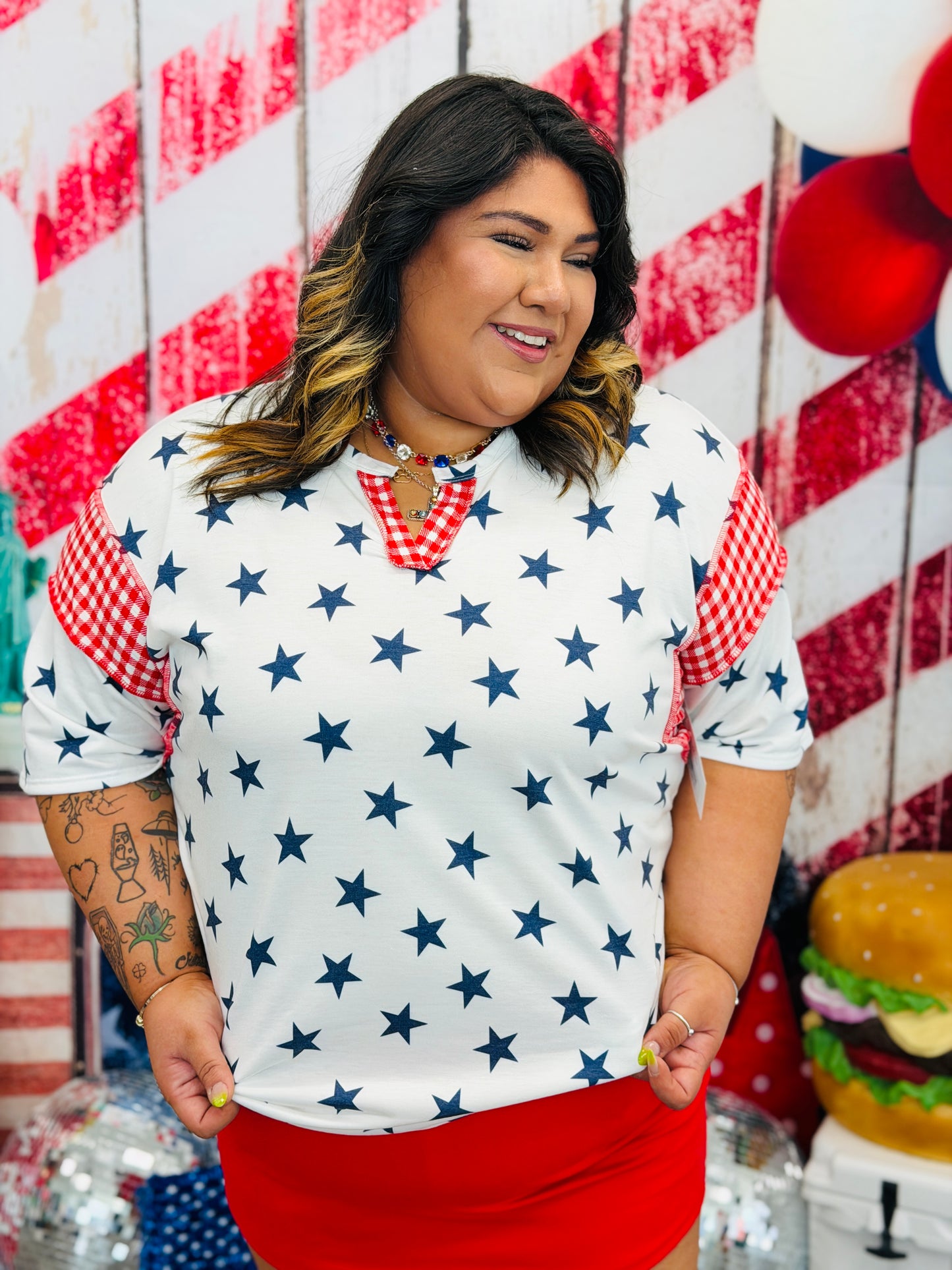 Ivory/Navy Stars & Gingham Top (Reg & Plus)