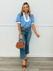 Blue Tiny Dot Contrast Puff Sleeve Top (Reg.)