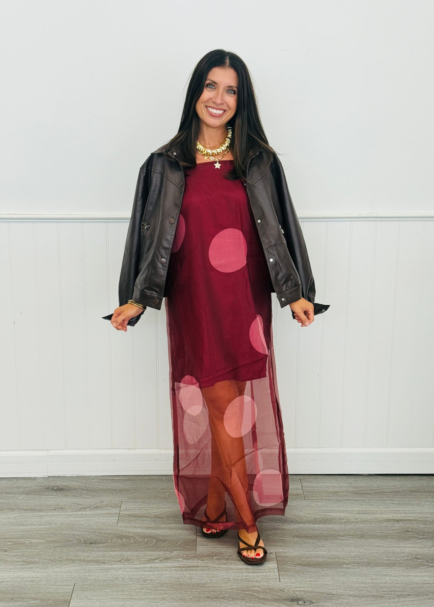 Burgundy Polka Dot Sheer Overlay Midi Dress (Reg.)