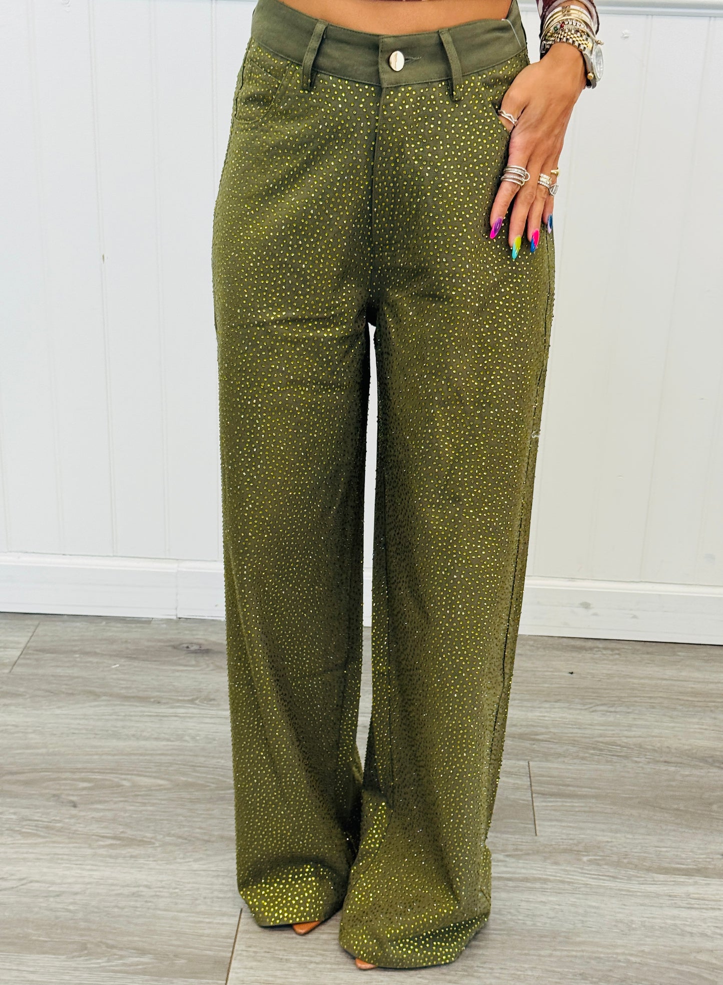 Queen Of Sparkles Olive Green Rhinestone Jeans (Reg. and Plus)