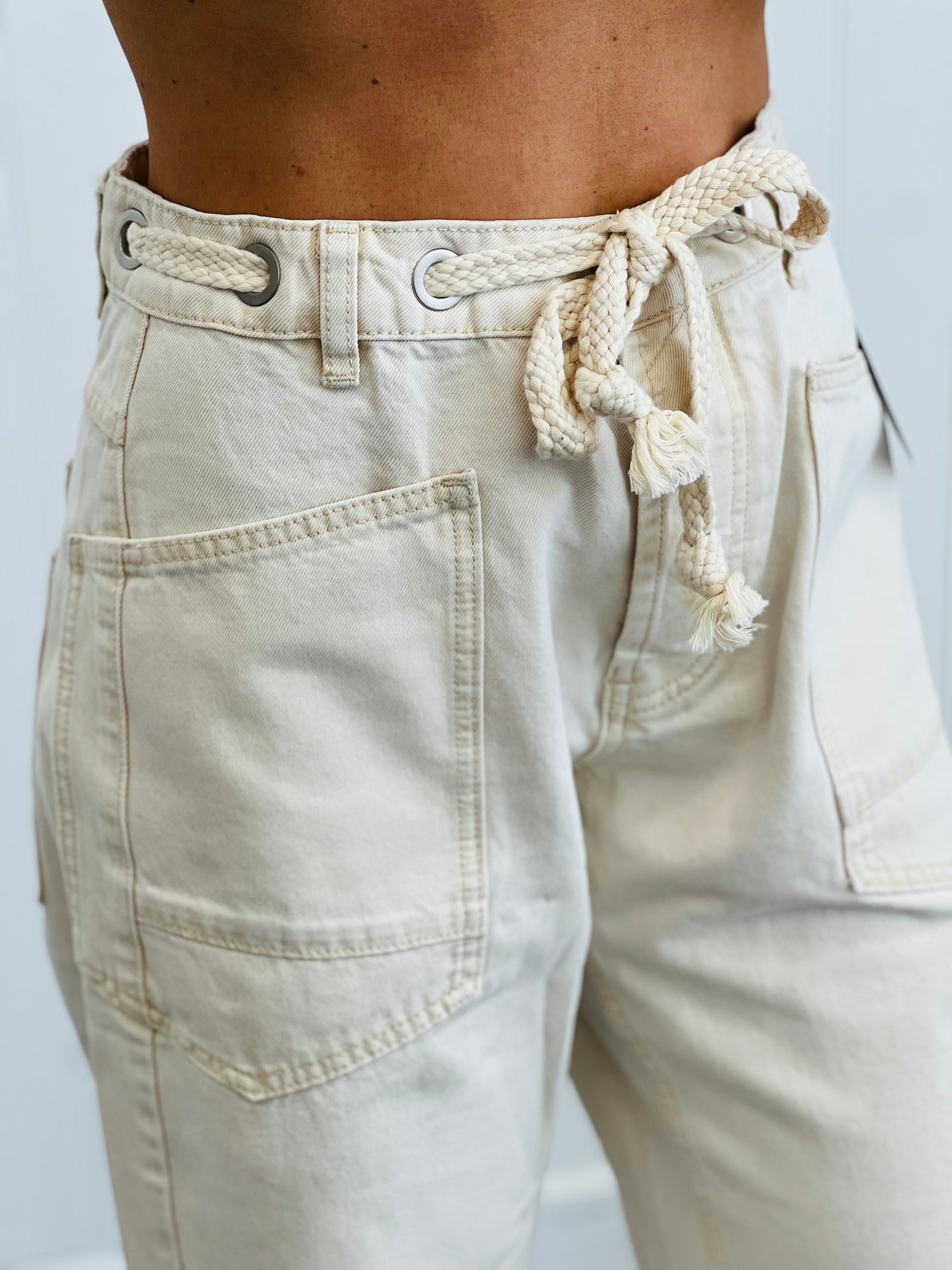 Cream Grommet Waist Denim Barrel Pants (Reg.)