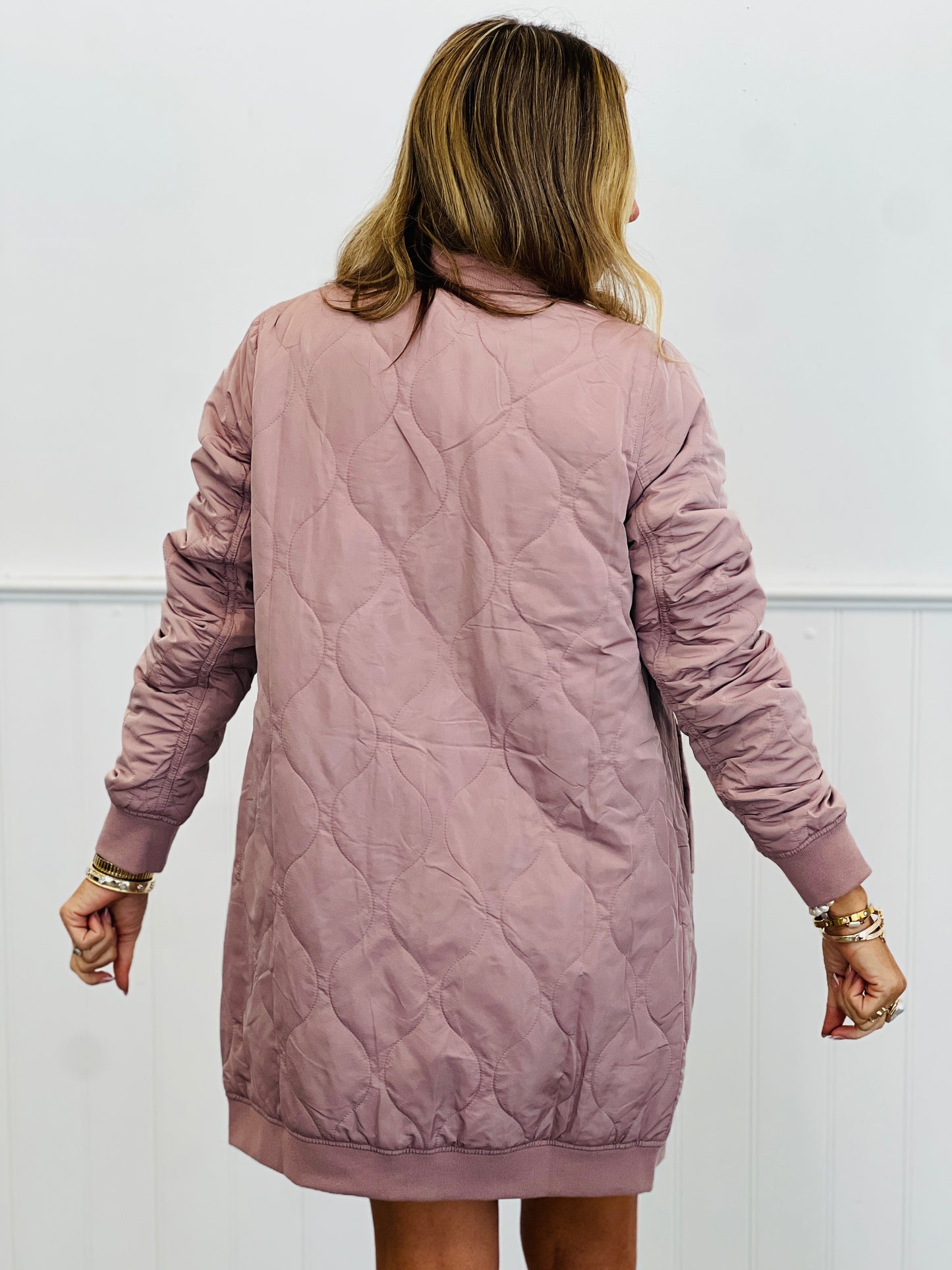 Dusty Rose Quilted Longline Bomber Jacket (Reg.)