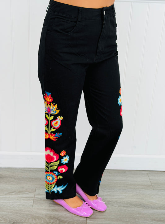 Black Denim Floral Embroidered Pants (Reg.)