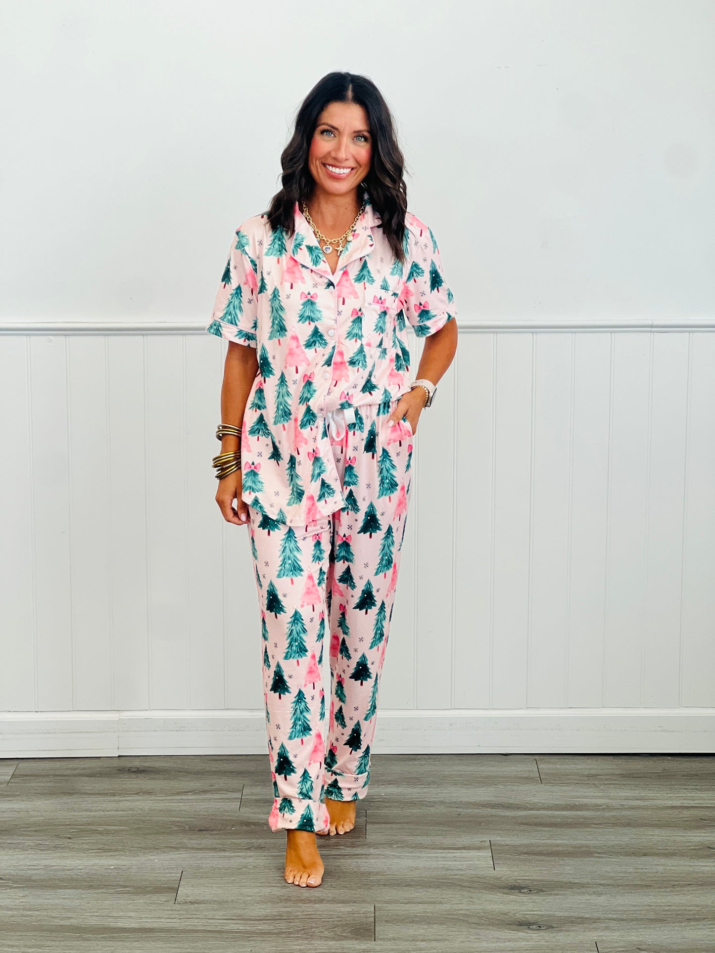 Pink Trees Button Down PJ Pant Set (Reg. & Plus)