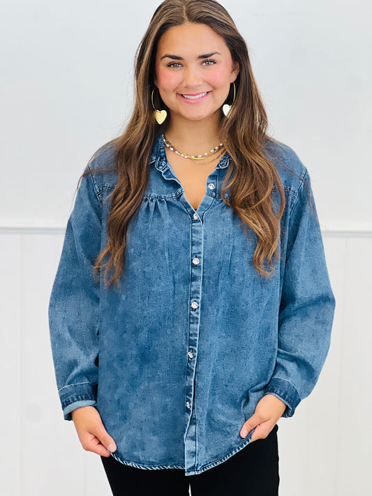 Denim Button Down Blouse (Reg. & Plus)