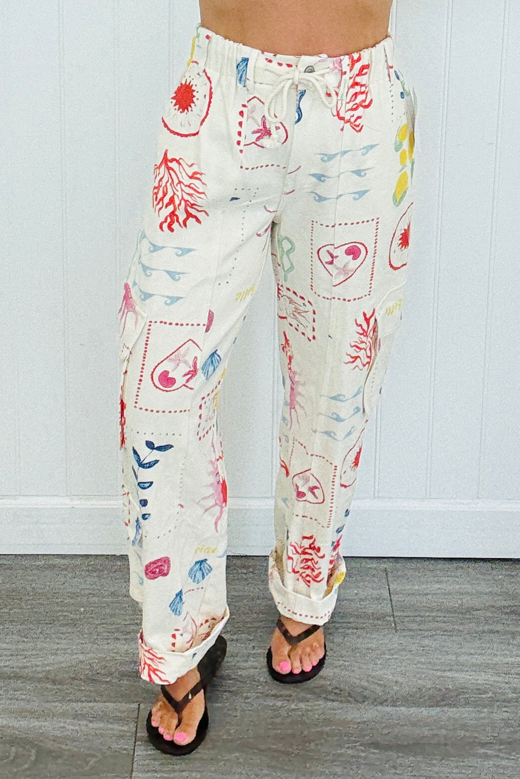 White Denim Printed Twill Cargo Pants (Reg. and Plus)