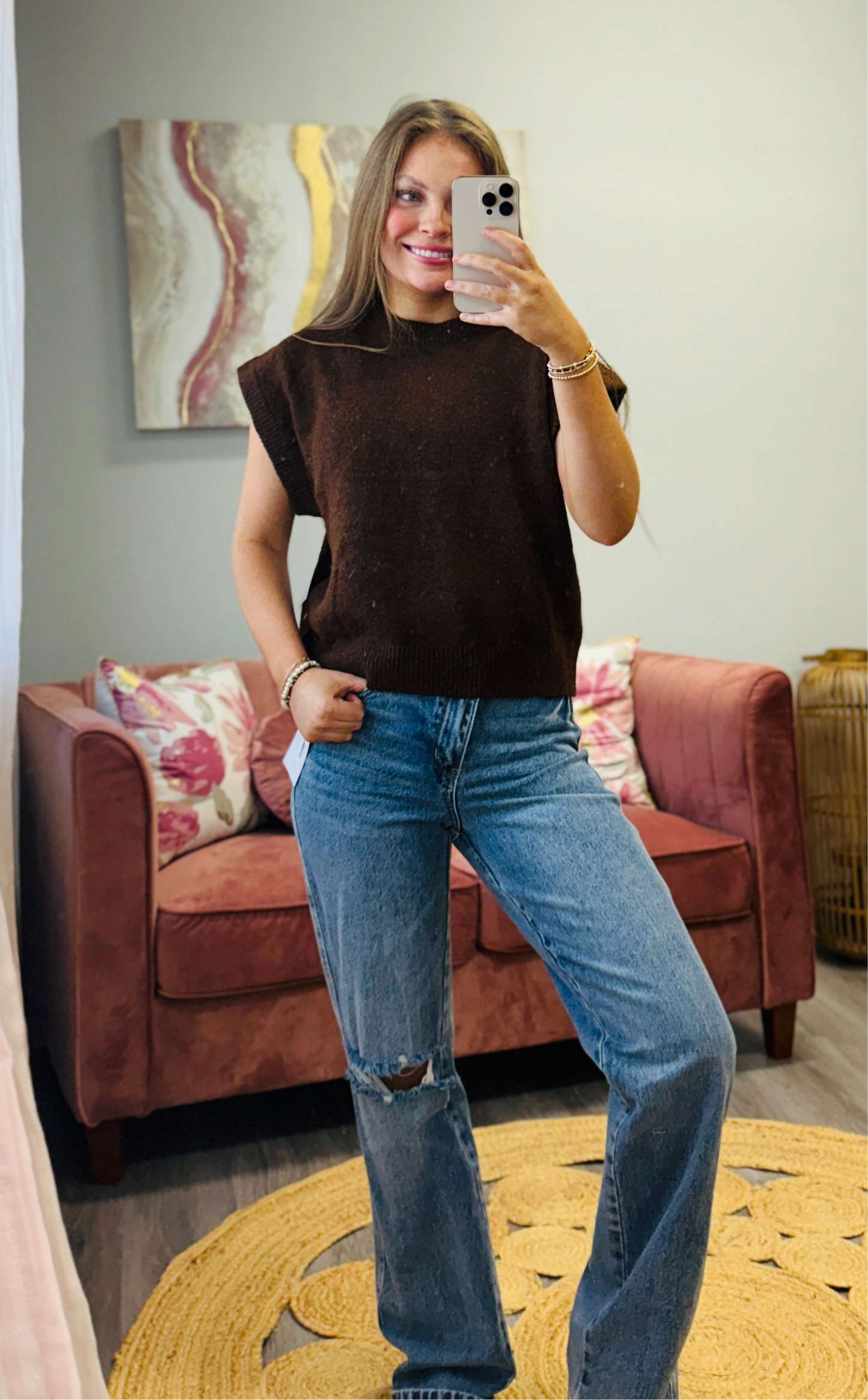 Brown Knit Crewneck Sweater (Reg. and Plus)