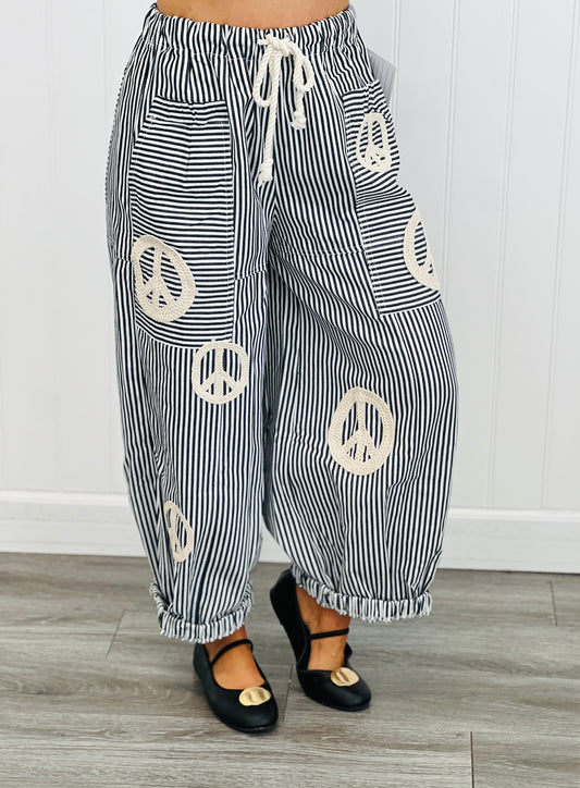 Black Peace Sign Pinstripe Palazzo Pants (Reg. and Plus)