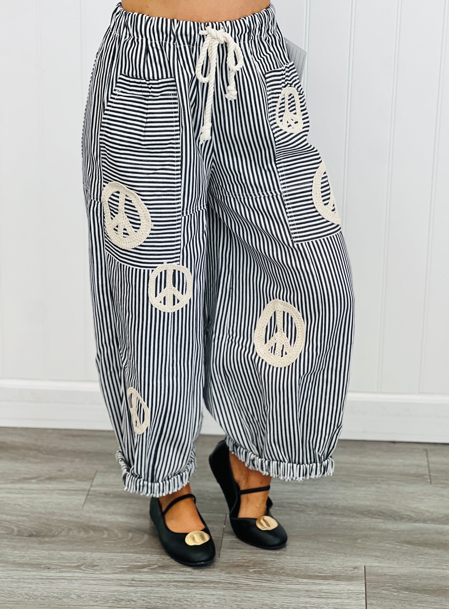 Black Peace Sign Pinstripe Palazzo Pants (Reg. and Plus)