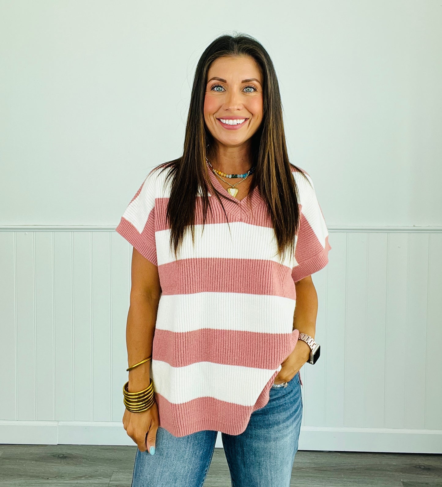 Striped V-Neck Cap Sleeve Top (Reg. and Plus) - 4 Colors