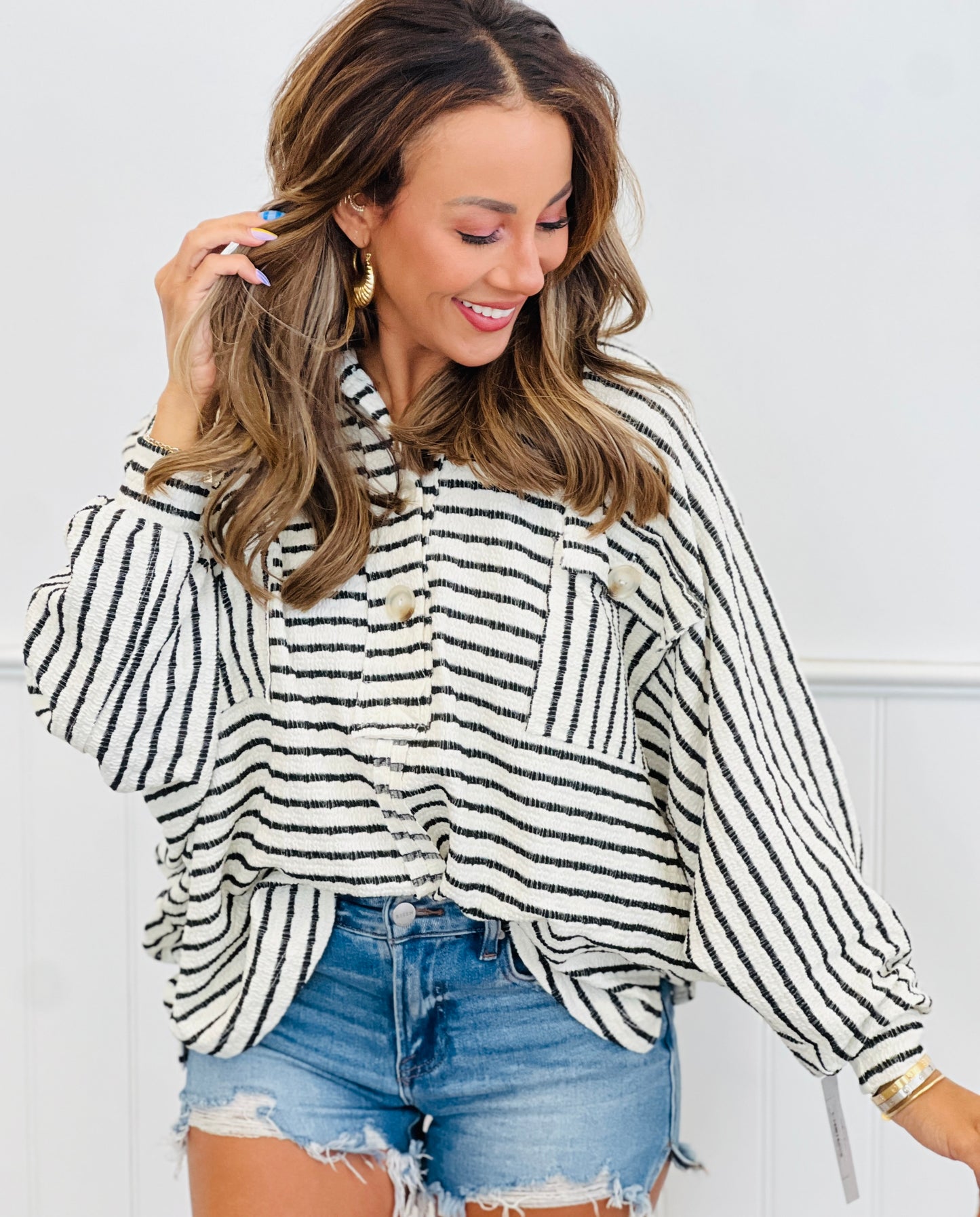 Striped Henley Collared Top (Reg.)-4 Colors
