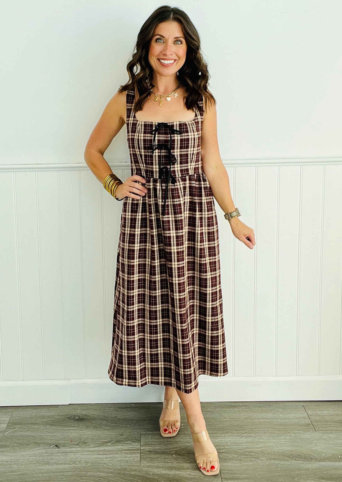 Burgundy Plaid Sleeveless Midi Dress (Reg. and Plus)