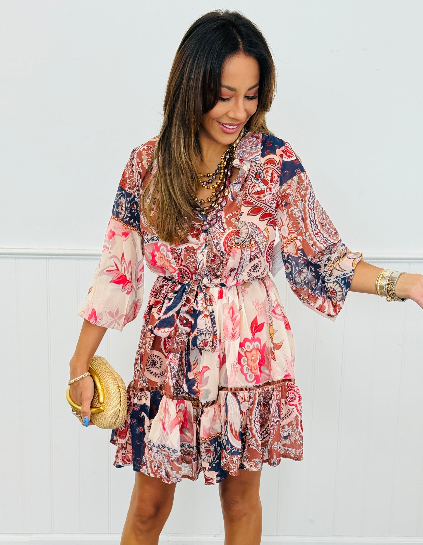 Mocha Multi Floral Print Mini Shirt Dress (Reg & Plus)