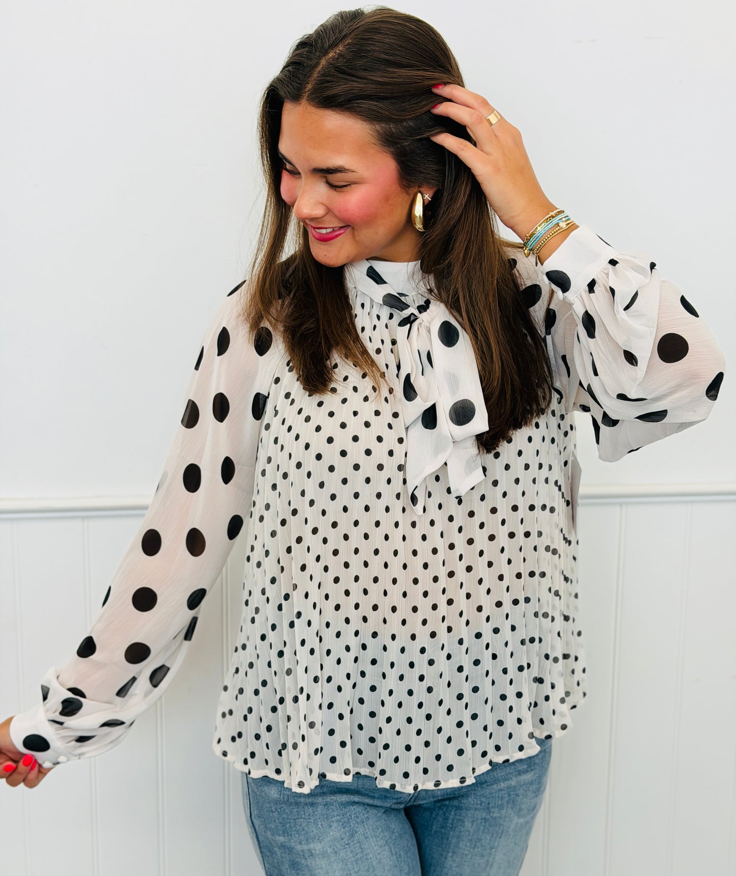White/Black Mixed Polka Dot Print Blouse (Reg. & Plus)