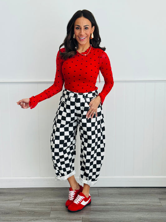 Red Flocked Hearts Mesh Blouse (Reg & Plus)