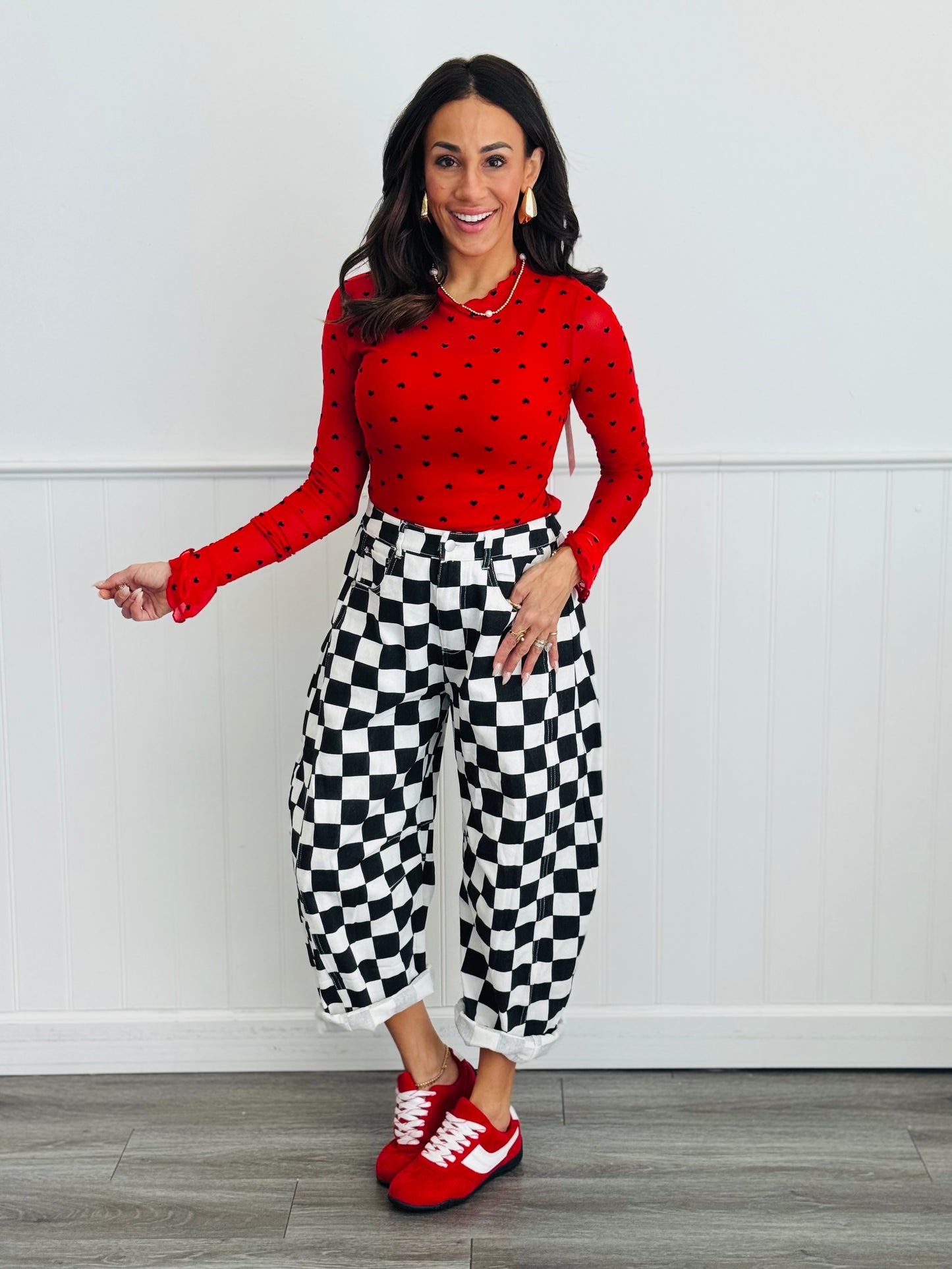 Red Flocked Hearts Mesh Blouse (Reg & Plus)