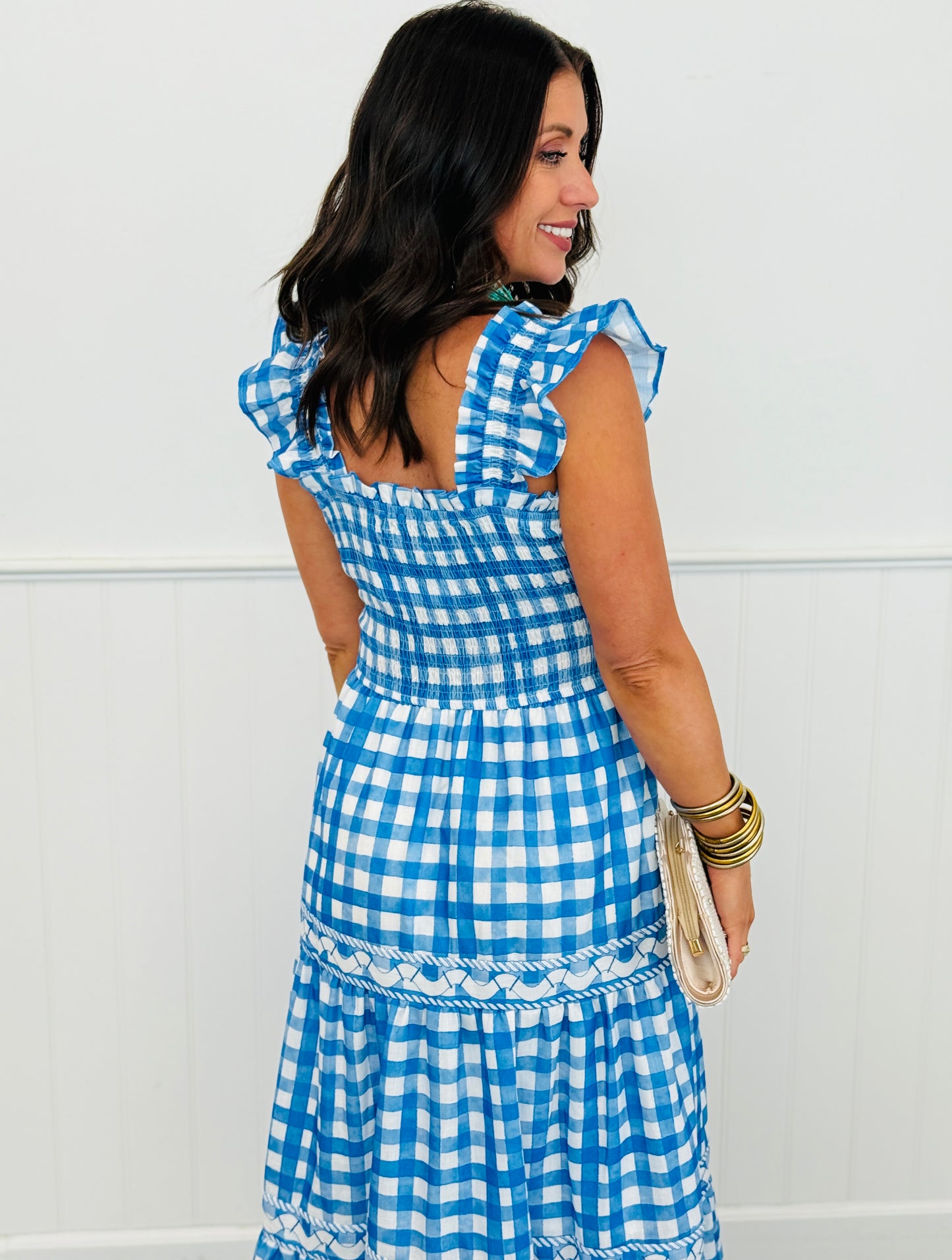 Blue/Ivory Gingham Midi Dress (Reg & Plus)