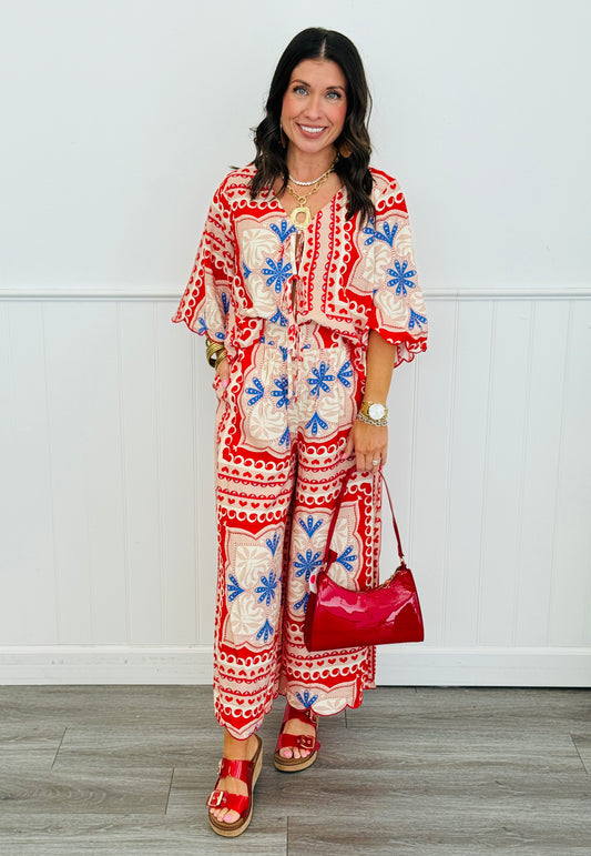 Red Blossom Front Tie Top & Pant Set (Reg. and Plus)