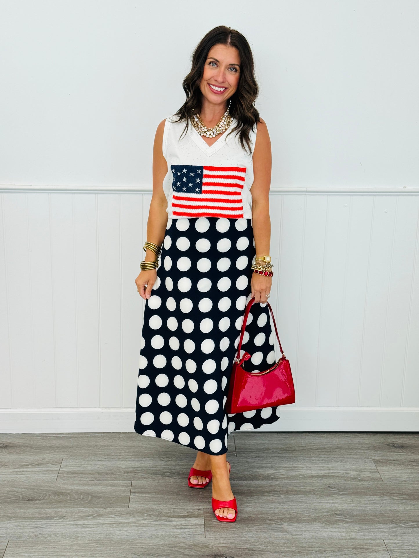 Navy Polka Dot Print Midi Skirt (Reg. and Plus)