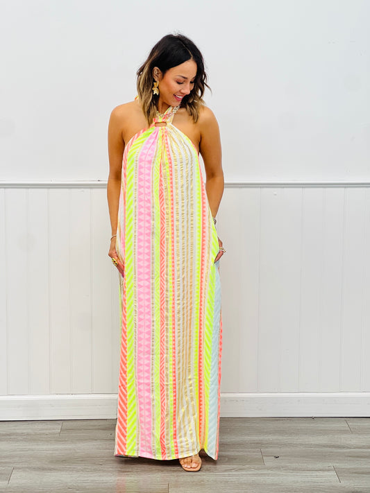 Striped Mixed Print Halter Neck Maxi Dress (Reg.)