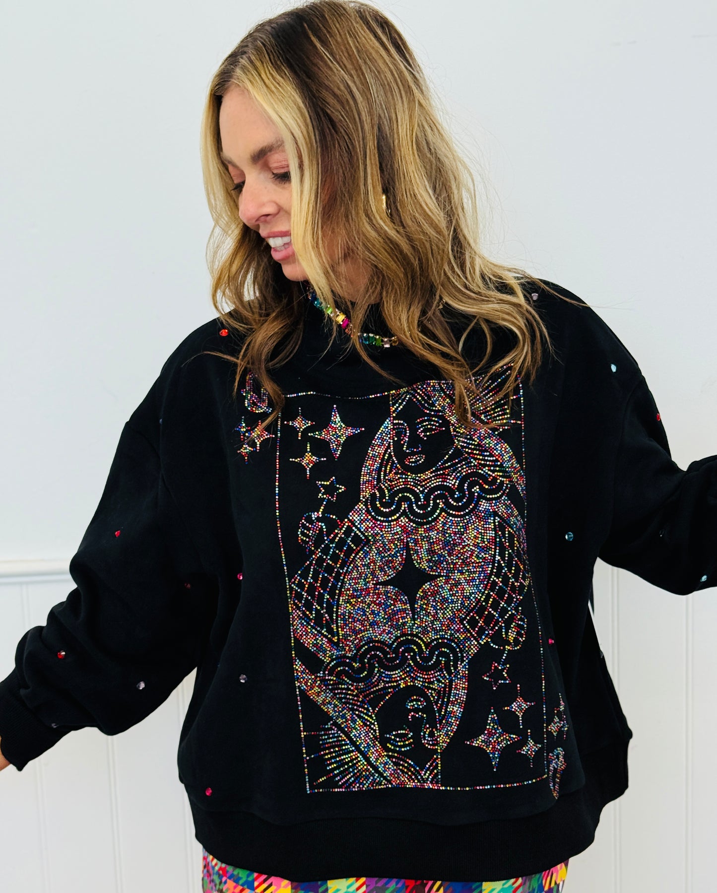 Queen Of Sparkles Black Rainbow Rhinestone Card Logo Sweatshirt (Reg. and Plus)
