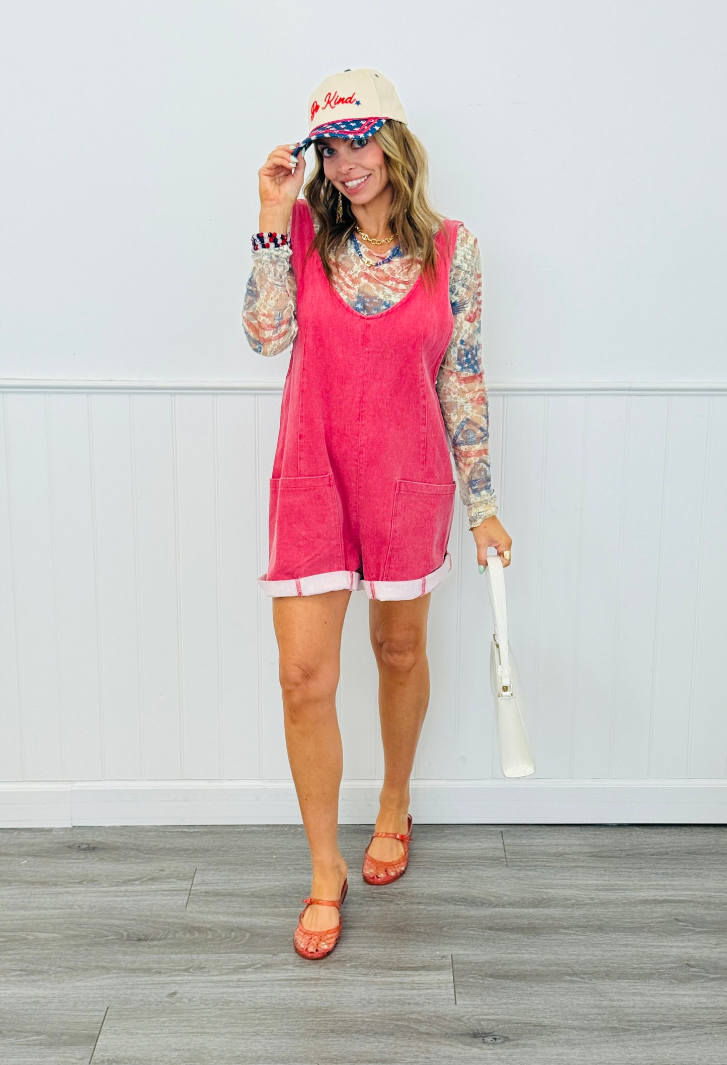 Red V-Neck Pocket Detail Romper (Reg.)